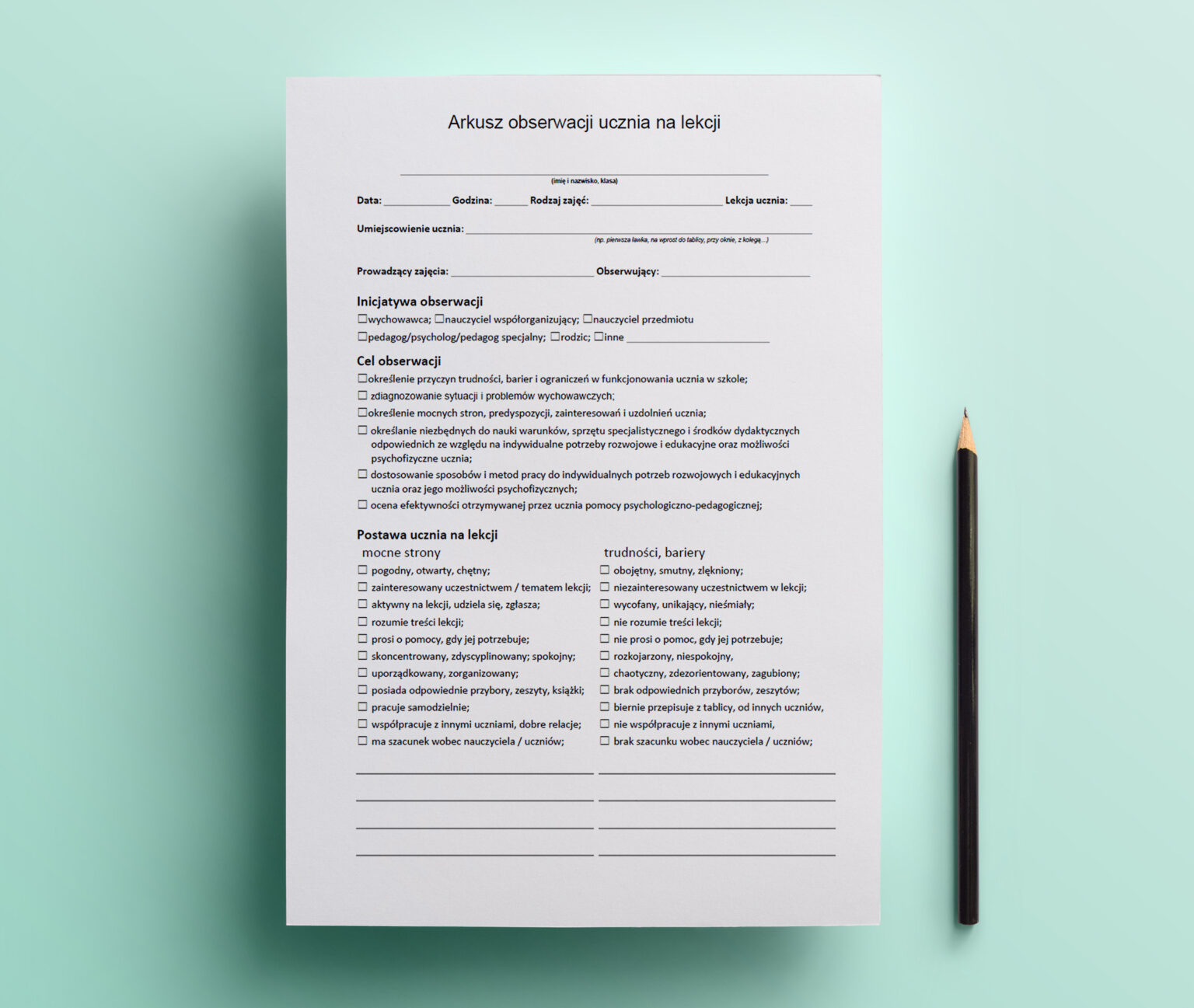 Arkusz obserwacji ucznia na lekcji